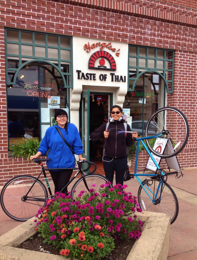Fixie girls in Oldtown Salinas March 2014 - at Yangtse's - also burrito riders