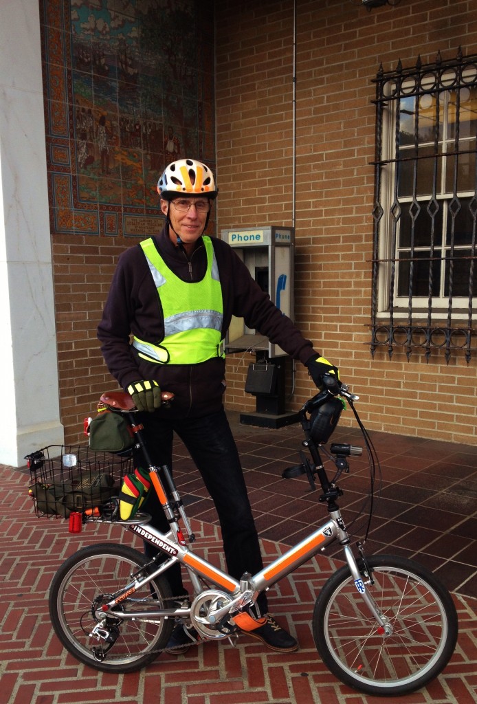 Leo Kodl folding bike at Monterey post office
